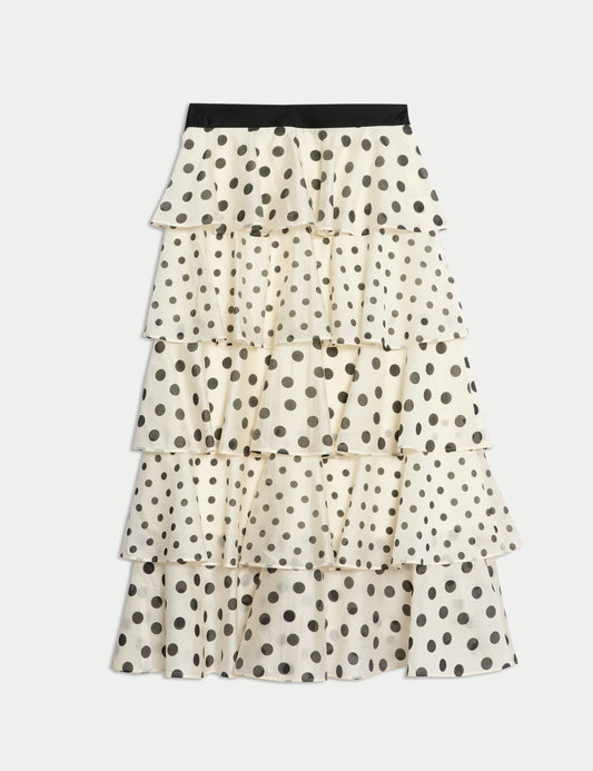 Lyocell Rich Polka Dot Ruffle Midaxi Skirt
