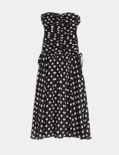 Lyocell Rich Polka Dot Sweetheart Neckline Maxi Waisted Dress