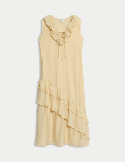 Lyocell Rich Ruffle Midi Column Dress