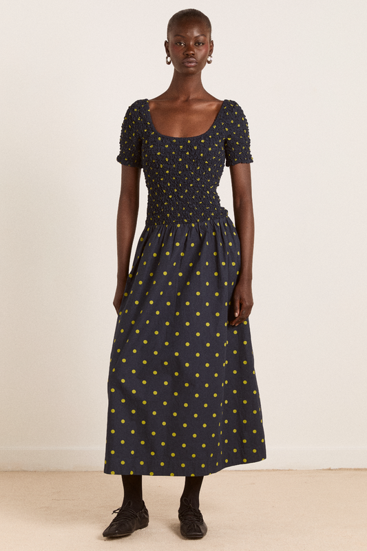 Malinda Super Smocked Spot Midi Dress