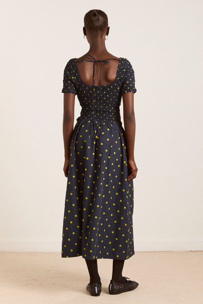 Malinda Super Smocked Spot Midi Dress