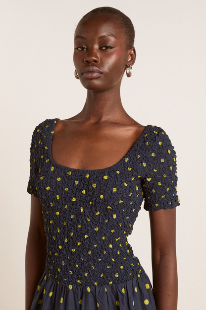 Malinda Super Smocked Spot Midi Dress