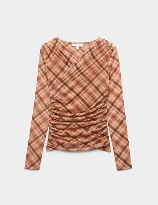 Mesh Jersey Checked V-Neck Wrap Top