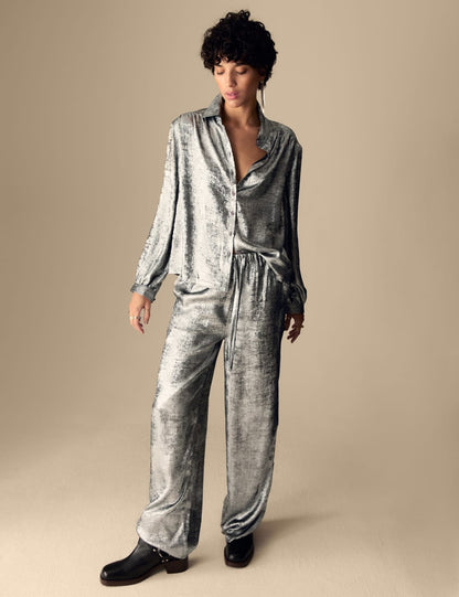 Metallic Drawstring Wide Leg Trousers