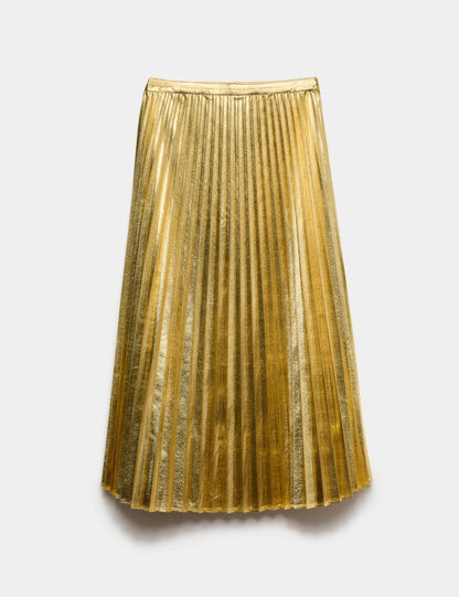 Metallic Gold Pleated Midi Skirt