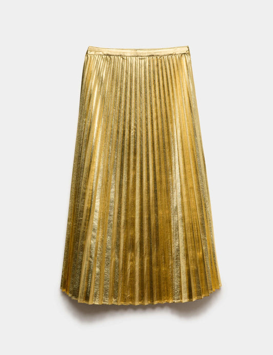 Metallic Gold Pleated Midi Skirt