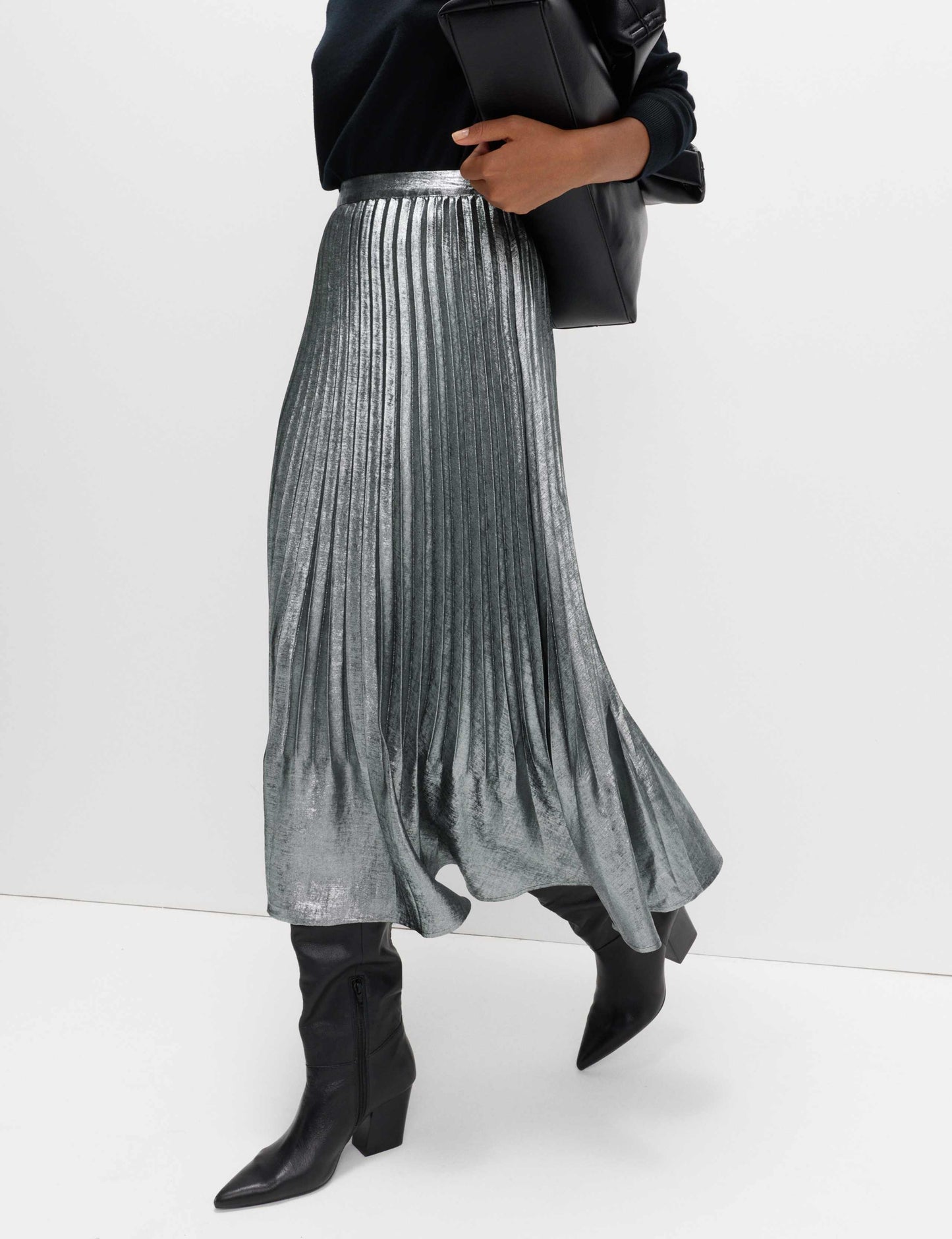 Metallic Pleated Midi Skirt