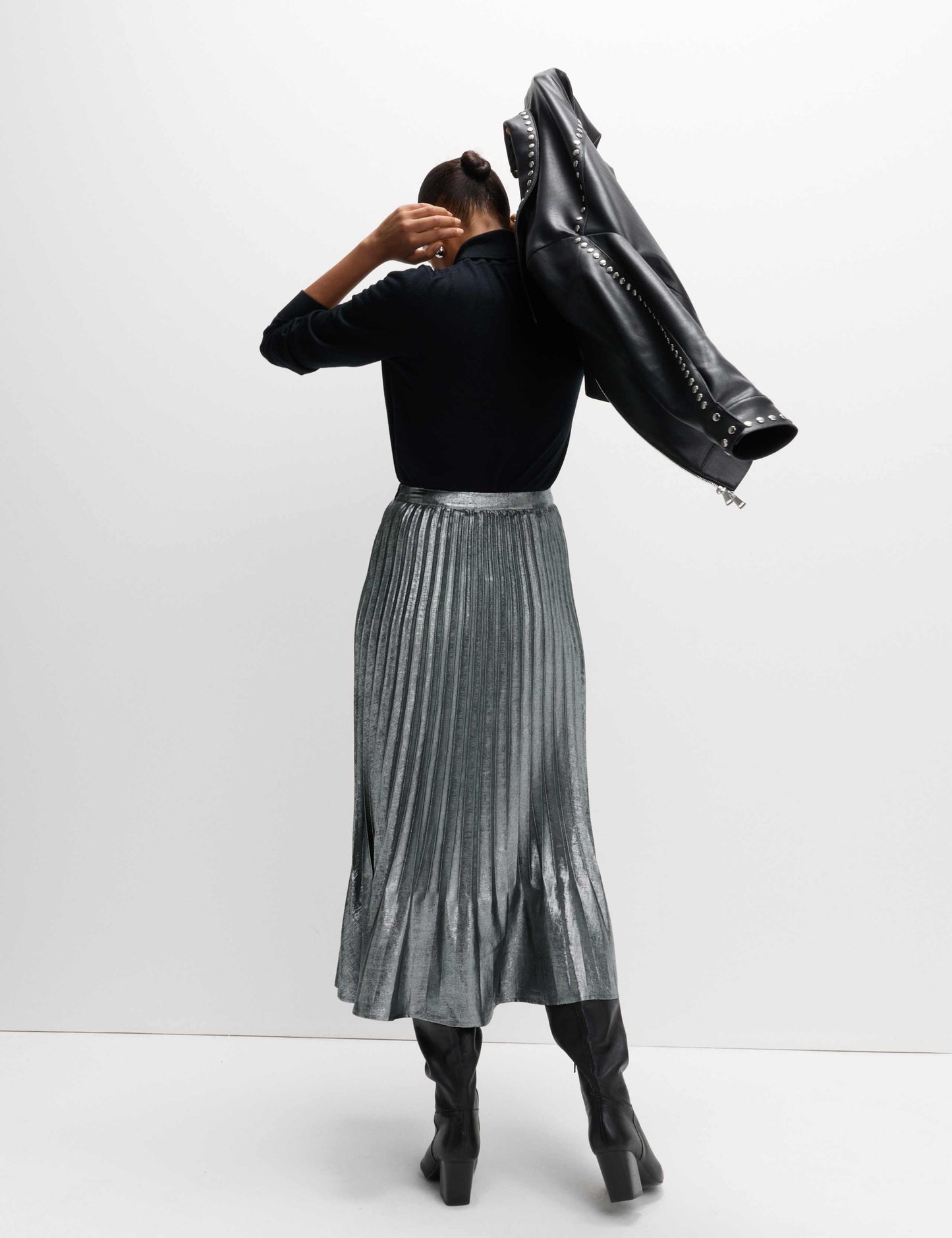 Metallic Pleated Midi Skirt