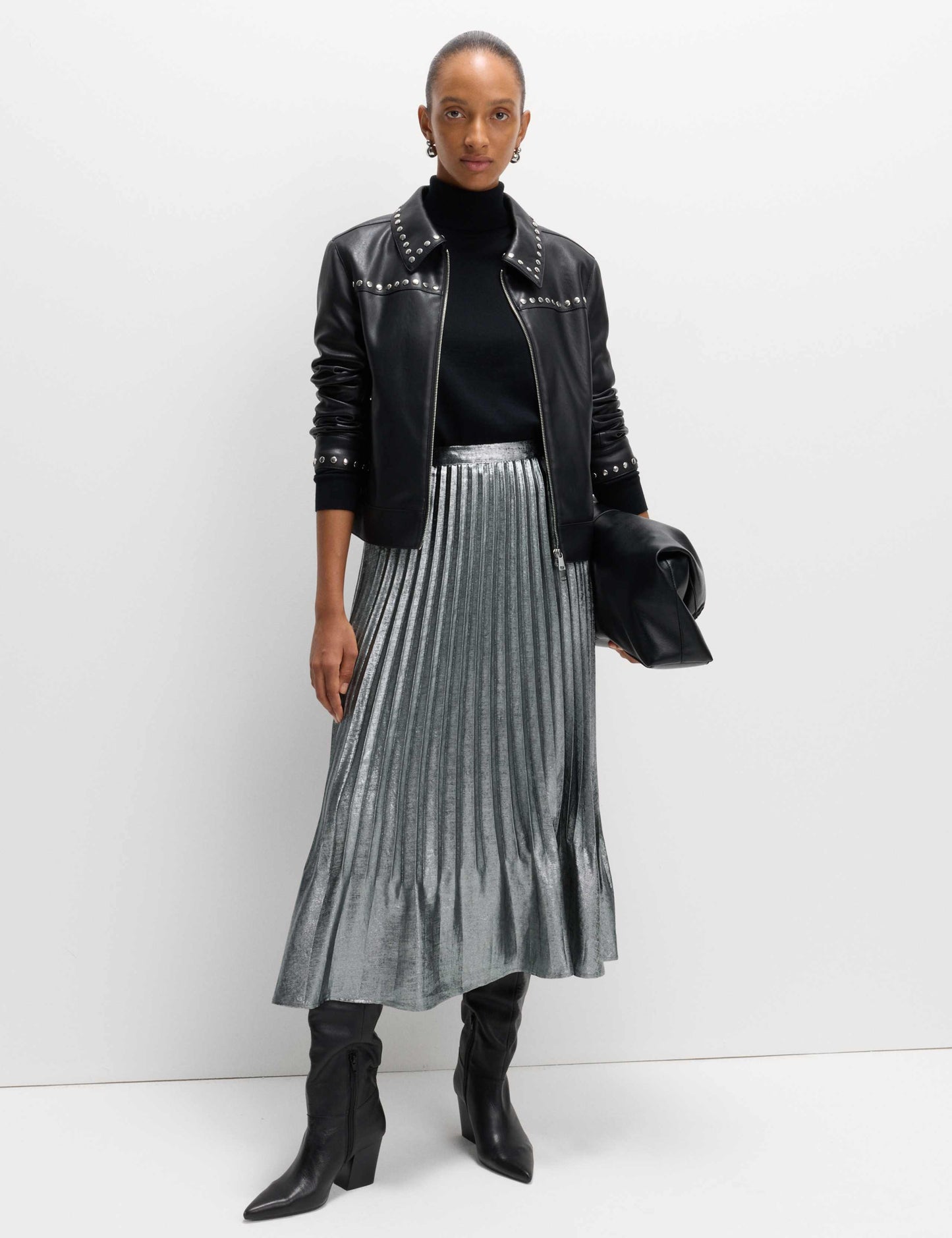 Metallic Pleated Midi Skirt