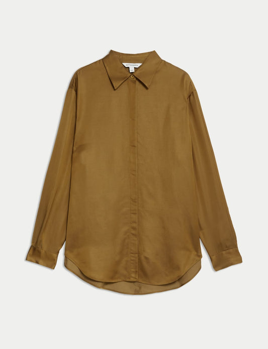 Modal Blend Satin Collared Relaxed Shirt