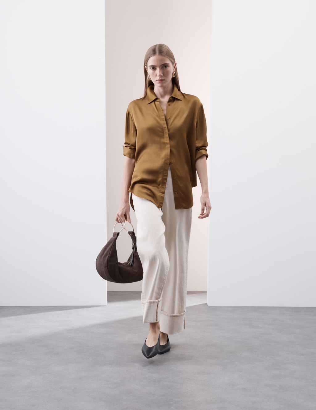 Modal Blend Satin Collared Relaxed Shirt