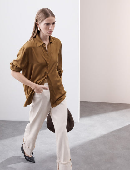 Modal Blend Satin Collared Relaxed Shirt