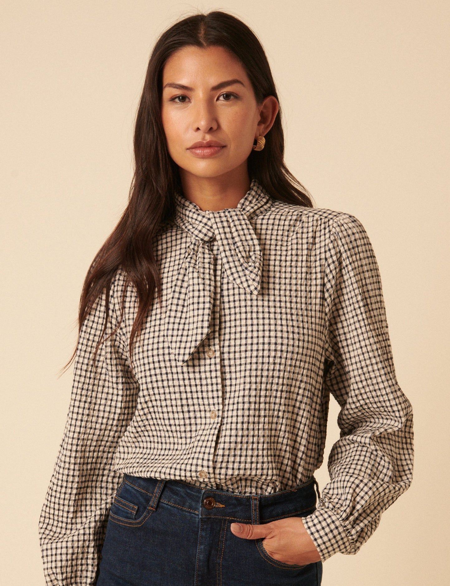 White Check Tie Neck Top
