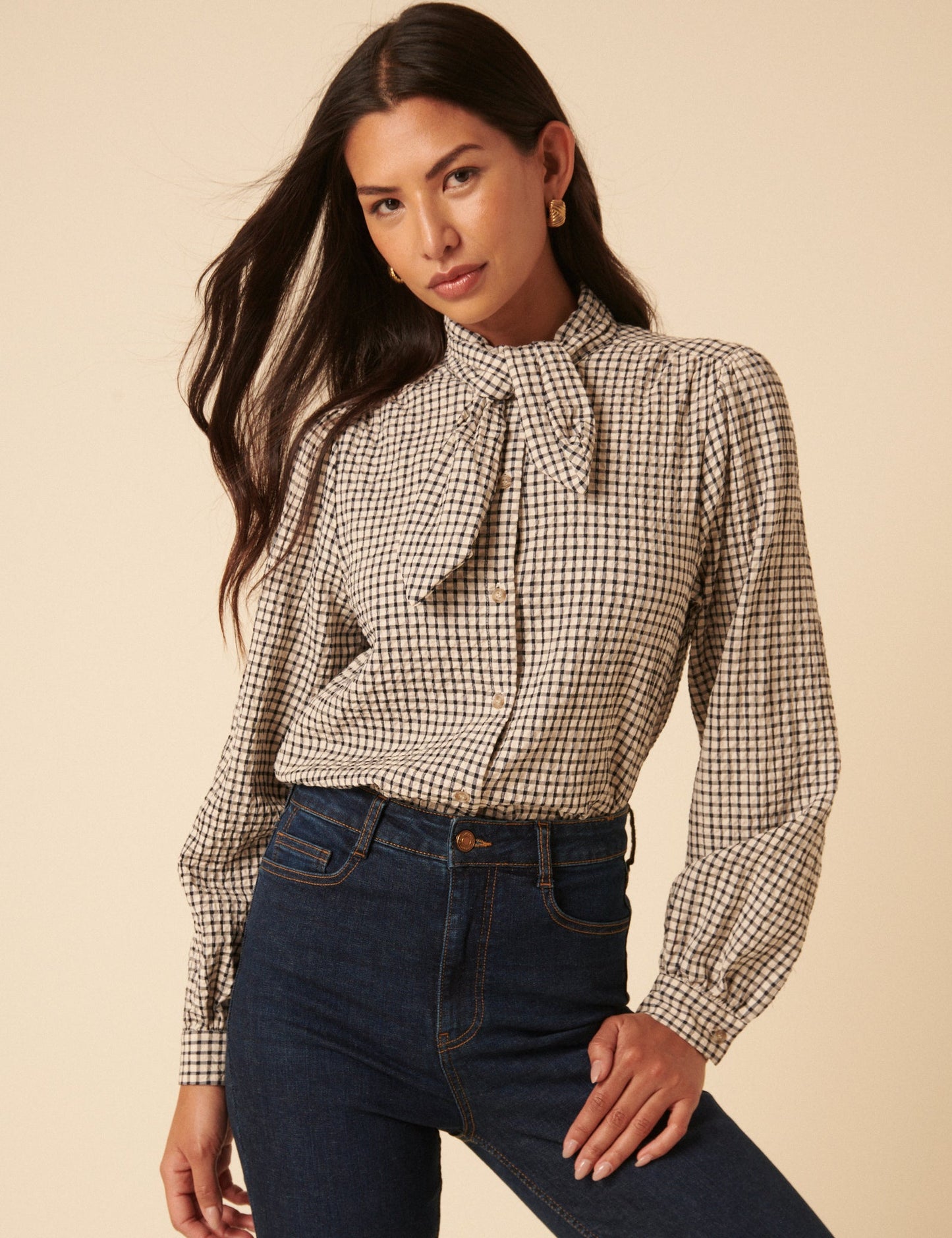 White Check Tie Neck Top