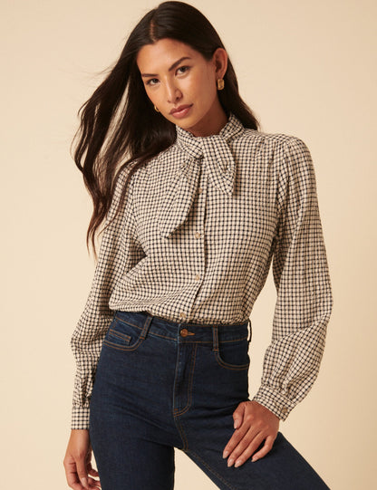 White Check Tie Neck Top