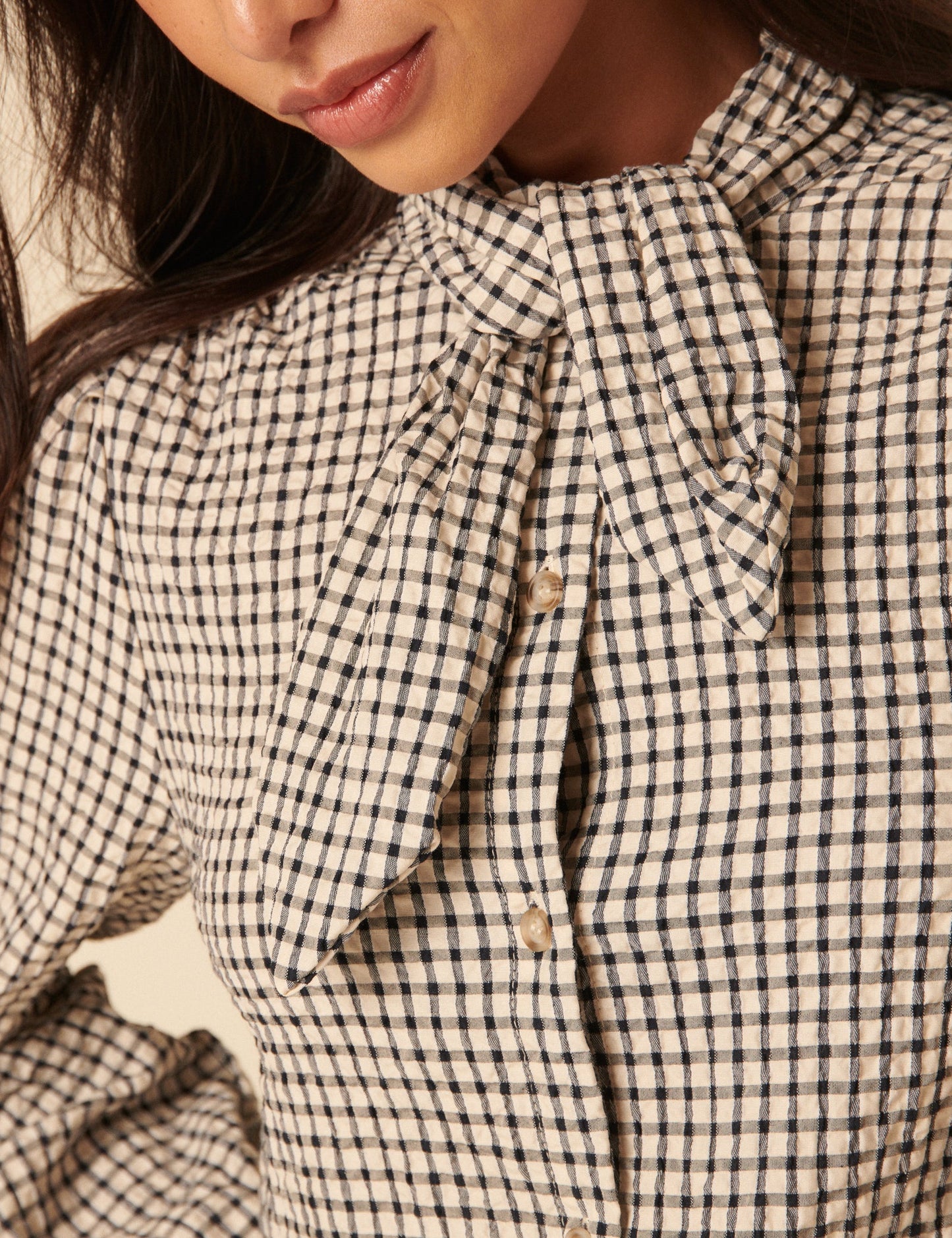 White Check Tie Neck Top