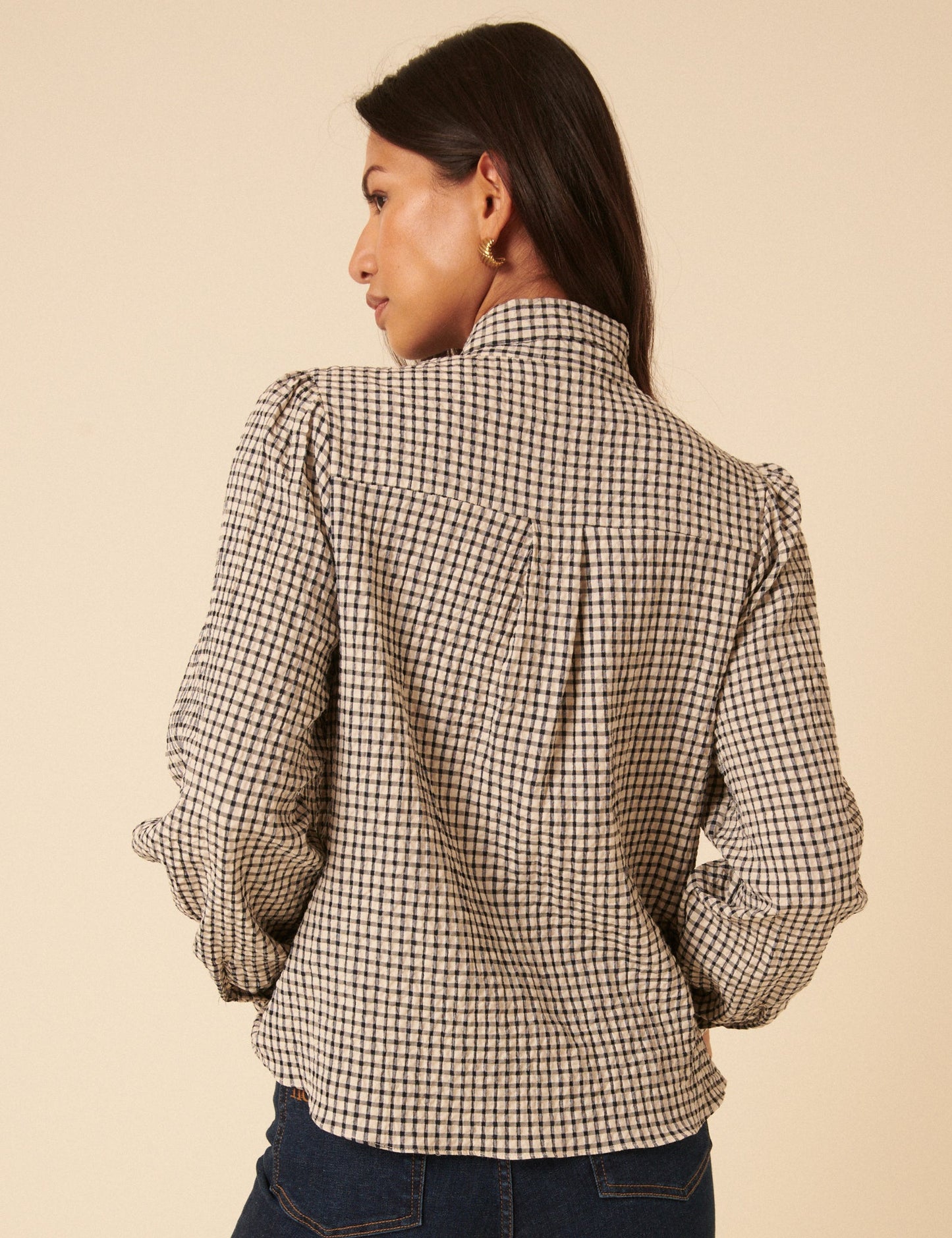 White Check Tie Neck Top