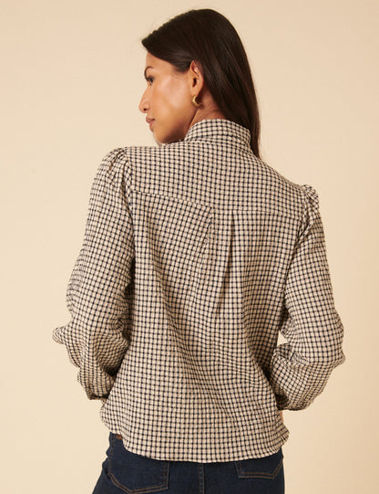 White Check Tie Neck Top
