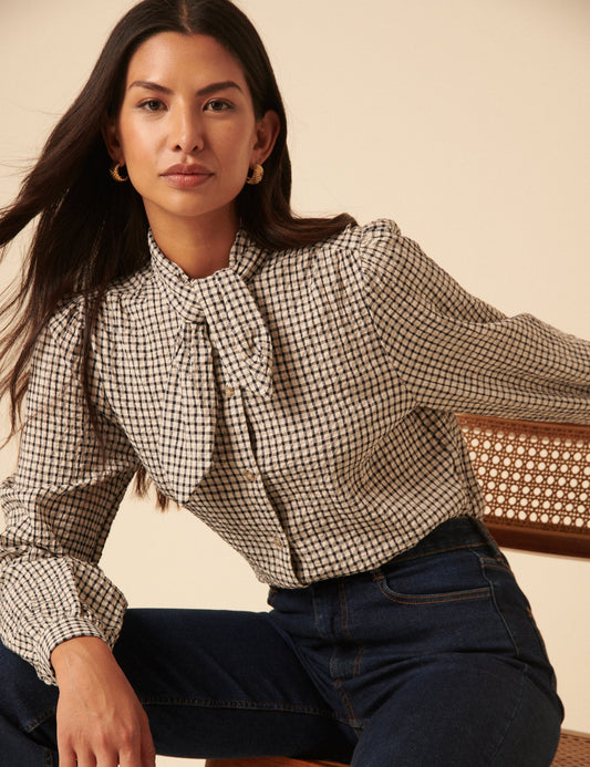 White Check Tie Neck Top