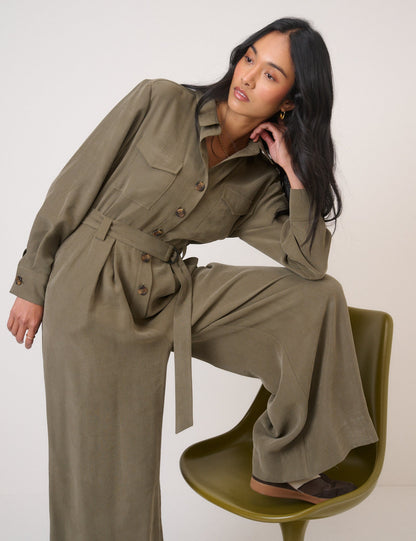 Khaki Twill Tie Waist Jumpsuit