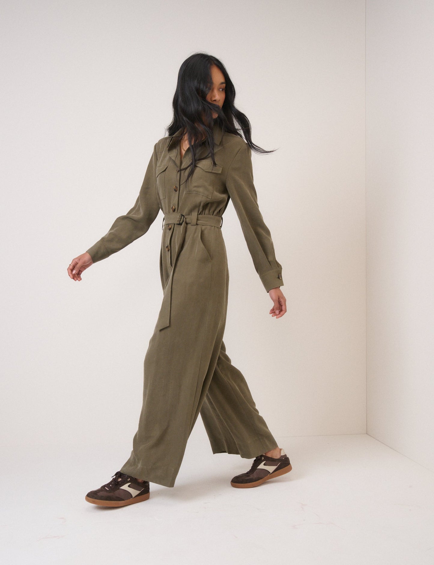 Khaki Twill Tie Waist Jumpsuit