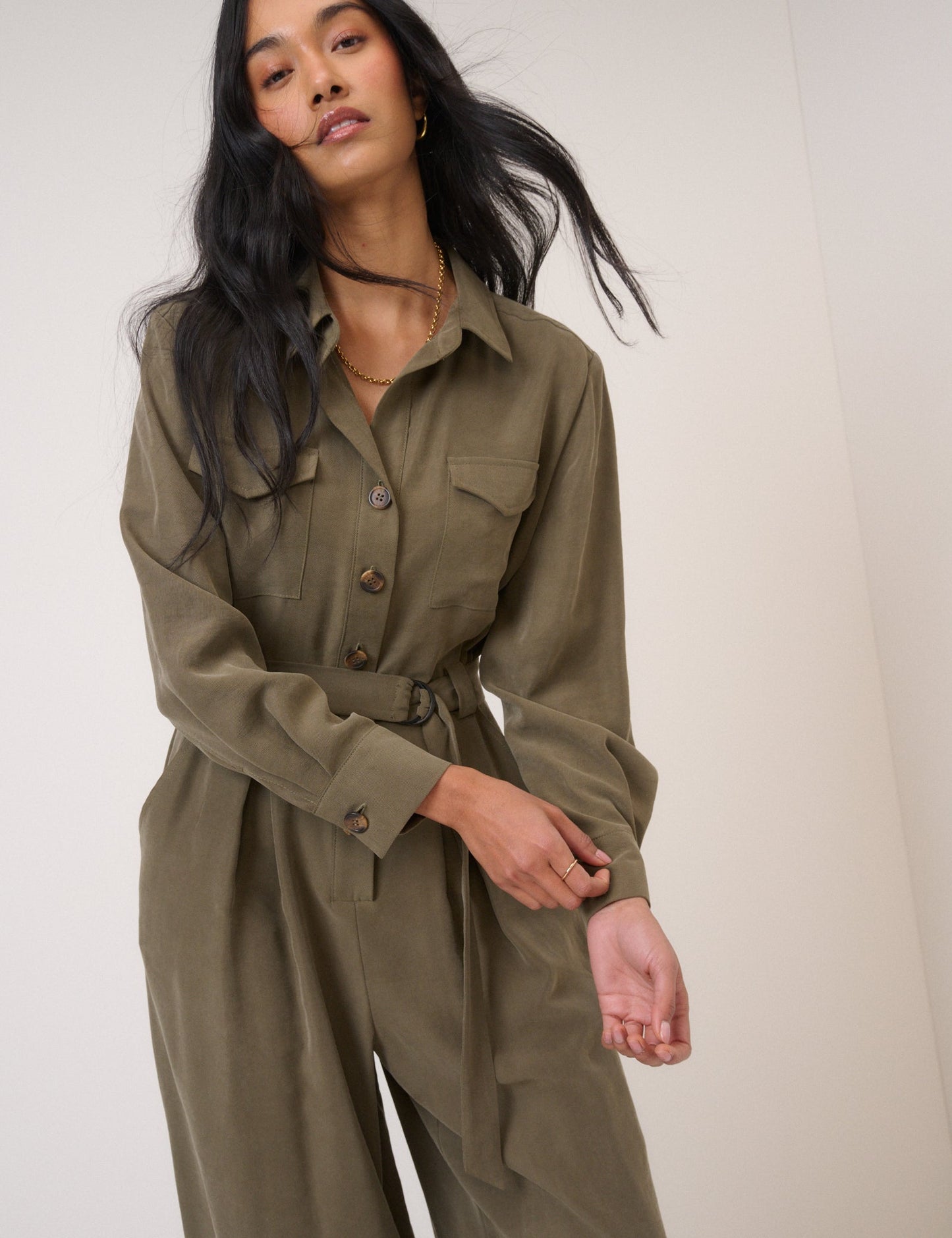Khaki Twill Tie Waist Jumpsuit