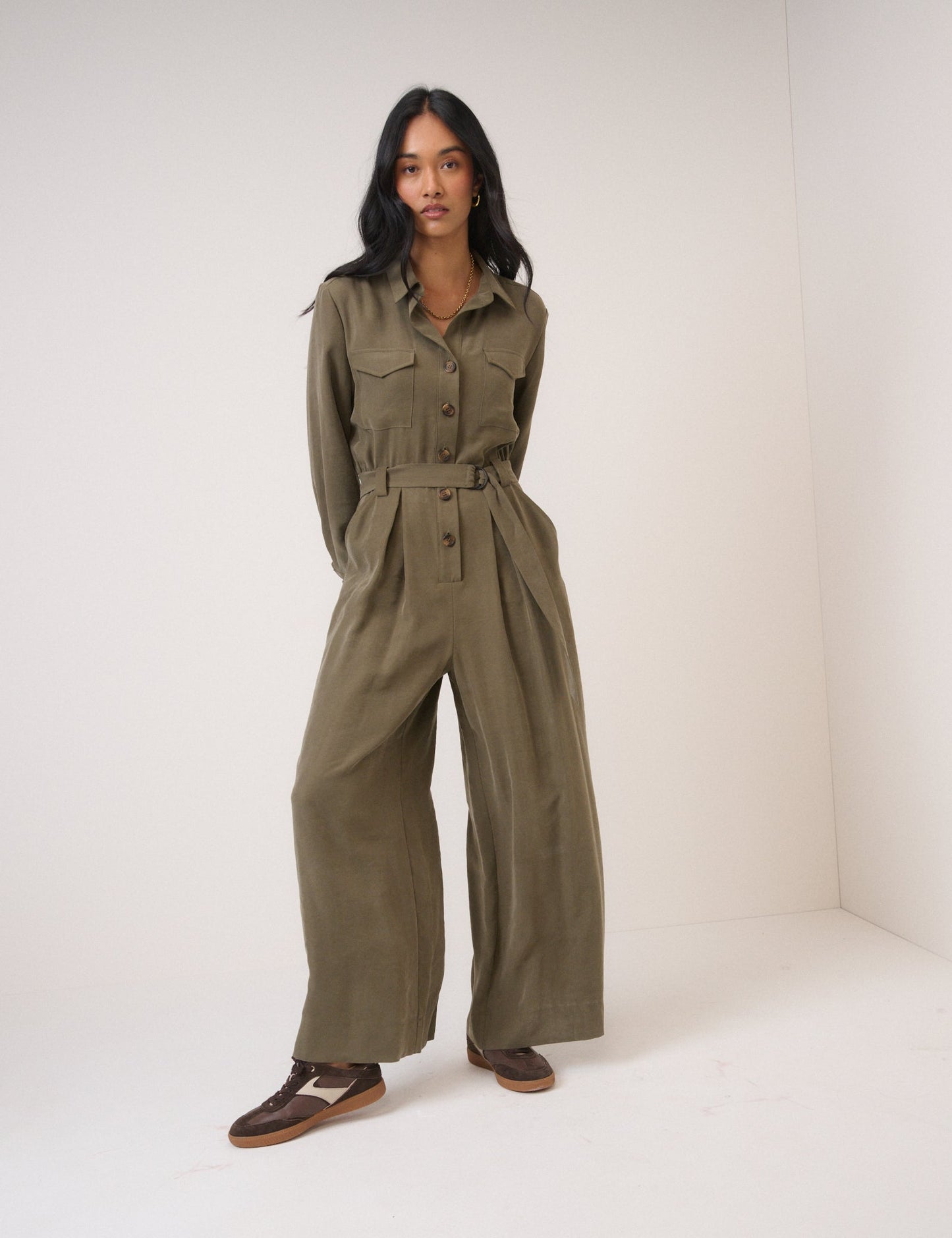 Khaki Twill Tie Waist Jumpsuit