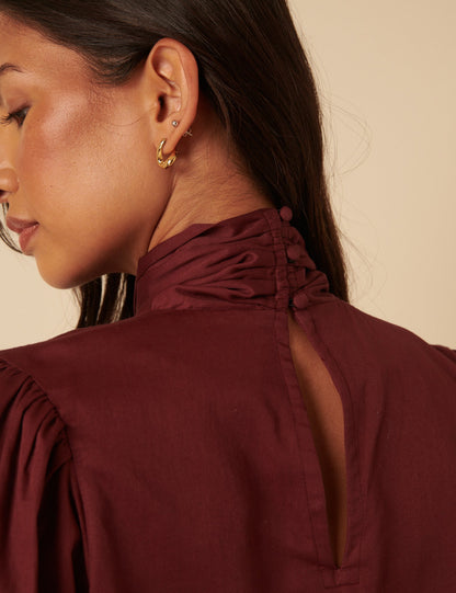 Burgundy Satin Tie Neck Long Sleeve Blouse