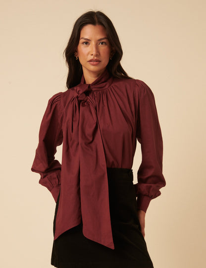 Burgundy Satin Tie Neck Long Sleeve Blouse