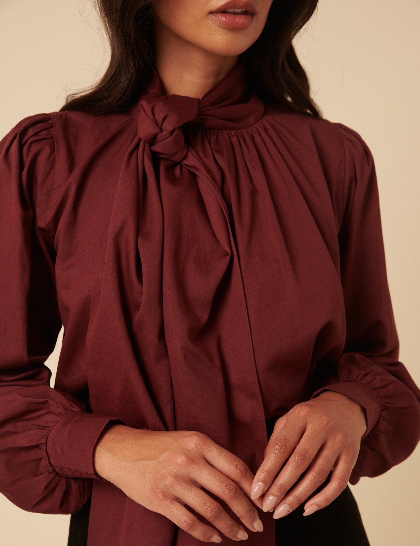 Burgundy Satin Tie Neck Long Sleeve Blouse