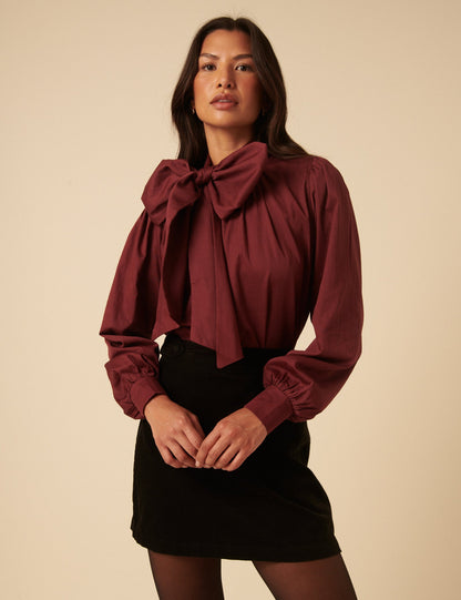 Burgundy Satin Tie Neck Long Sleeve Blouse