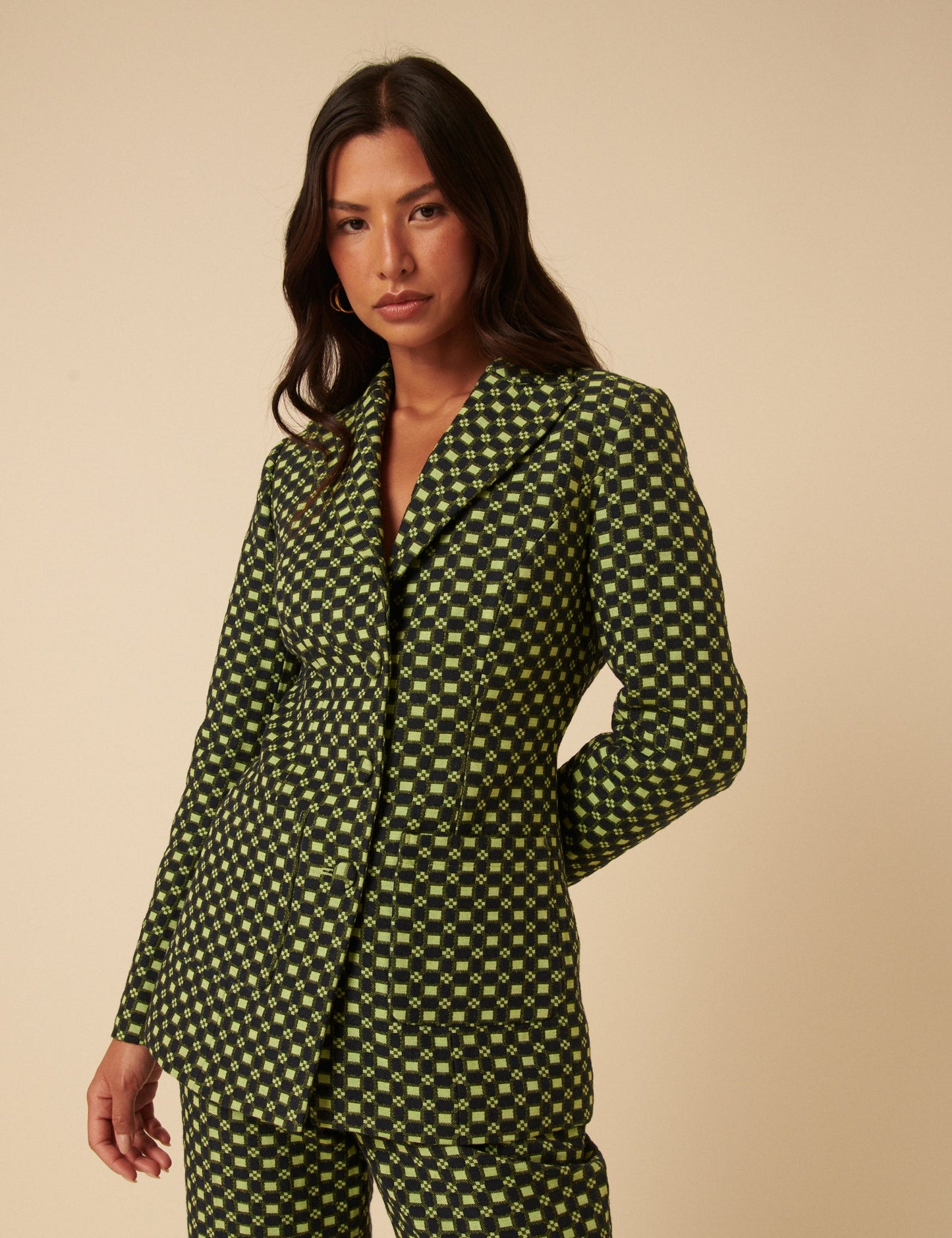 Black and Lime Green Jacquard Checkerboard Fitted Blazer
