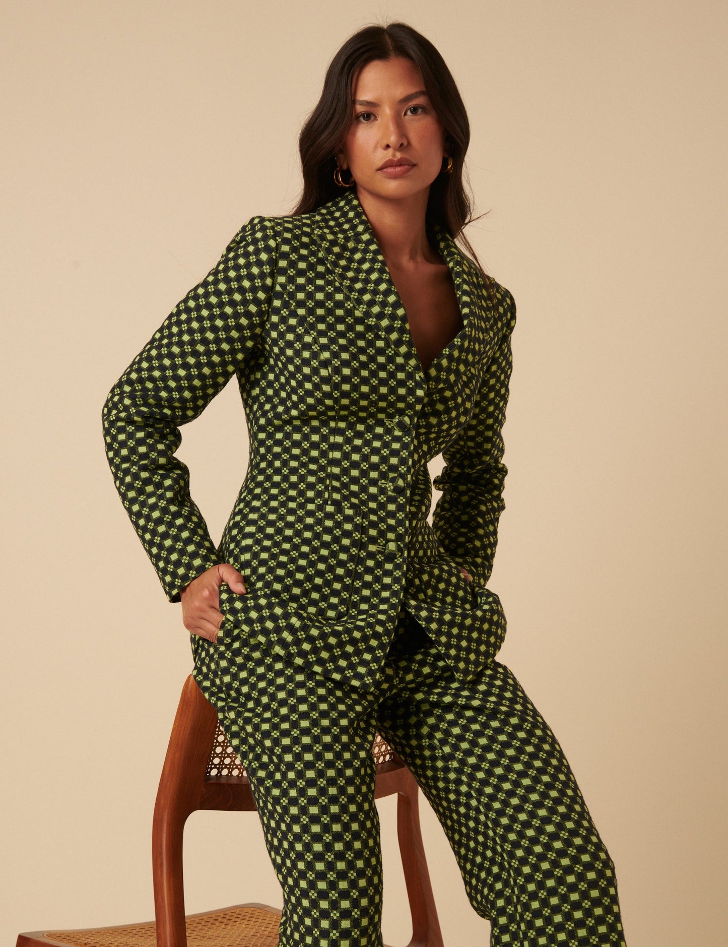 Black and Lime Green Jacquard Checkerboard Fitted Blazer