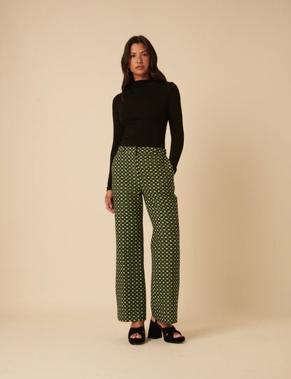 Black and Lime Green Jacquard Checkerboard Tailored Trousers