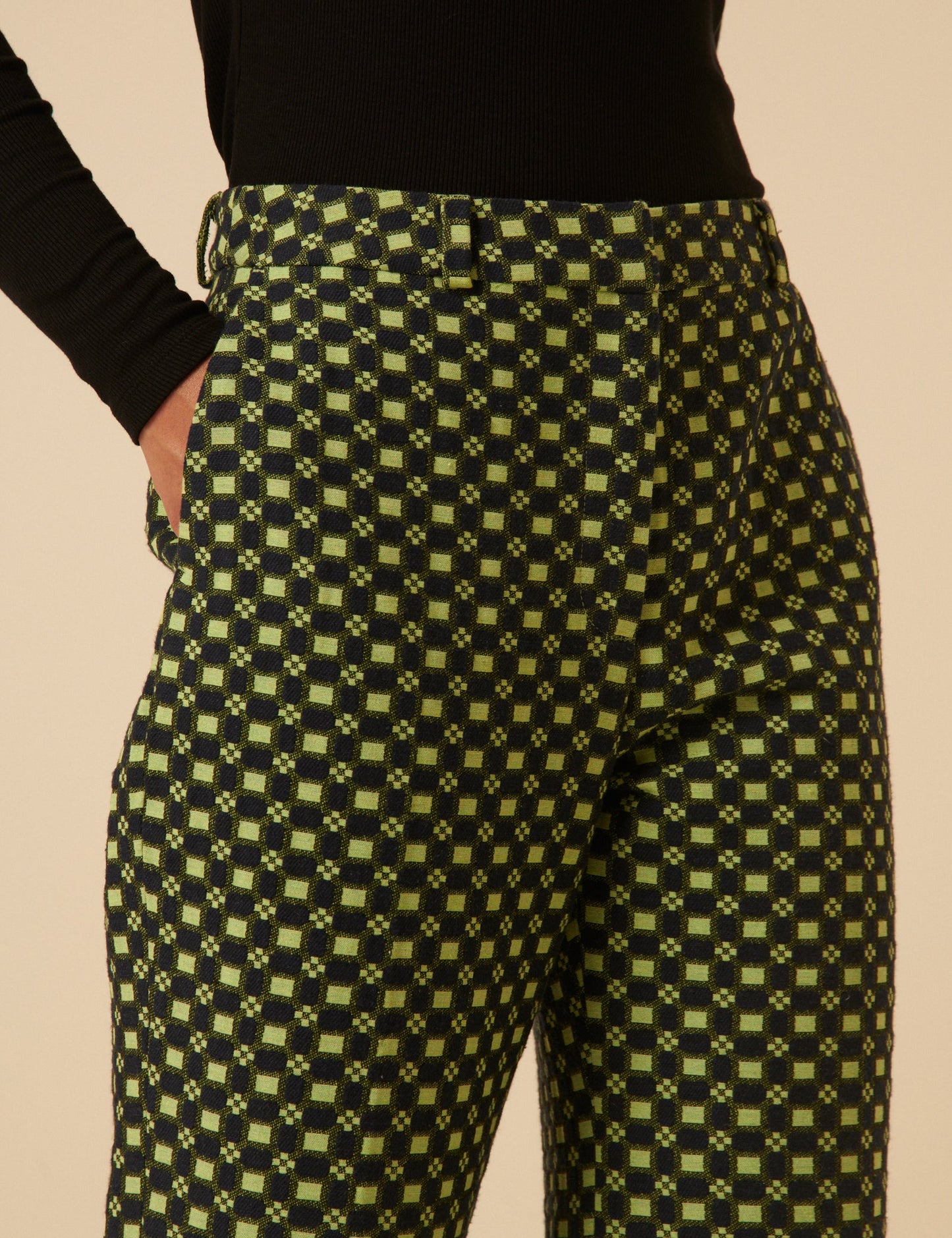 Black and Lime Green Jacquard Checkerboard Tailored Trousers