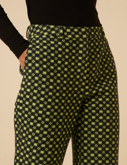 Black and Lime Green Jacquard Checkerboard Tailored Trousers