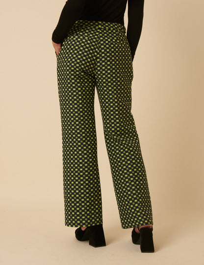 Black and Lime Green Jacquard Checkerboard Tailored Trousers