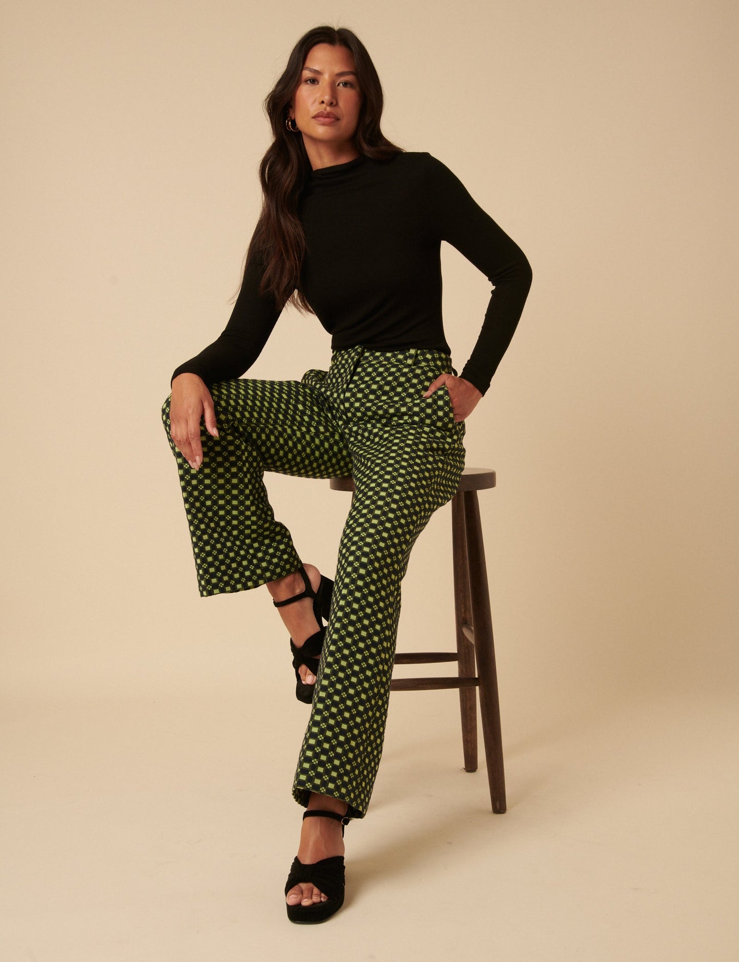 Black and Lime Green Jacquard Checkerboard Tailored Trousers