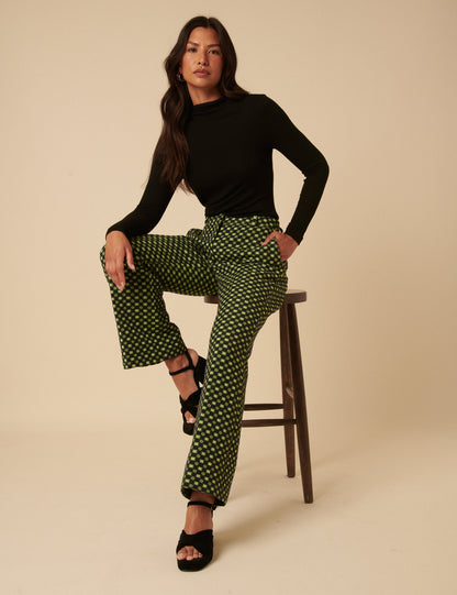 Black and Lime Green Jacquard Checkerboard Tailored Trousers