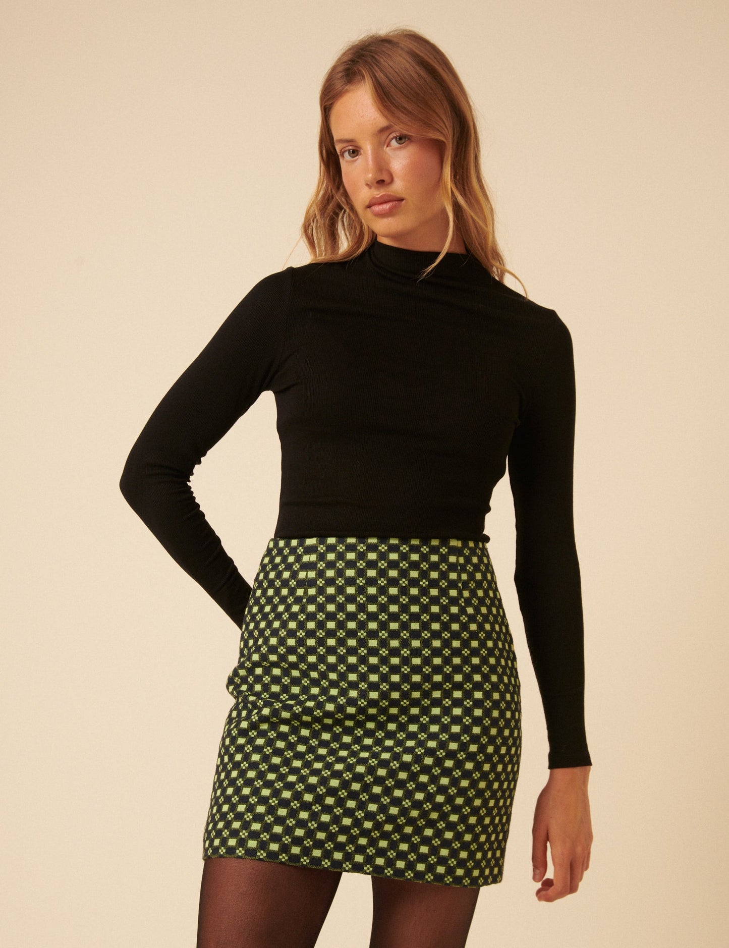 Black and Lime Green Jacquard Checkerboard Mini Skirt