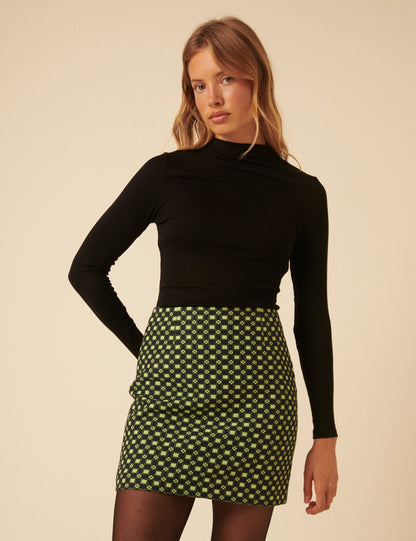 Black and Lime Green Jacquard Checkerboard Mini Skirt