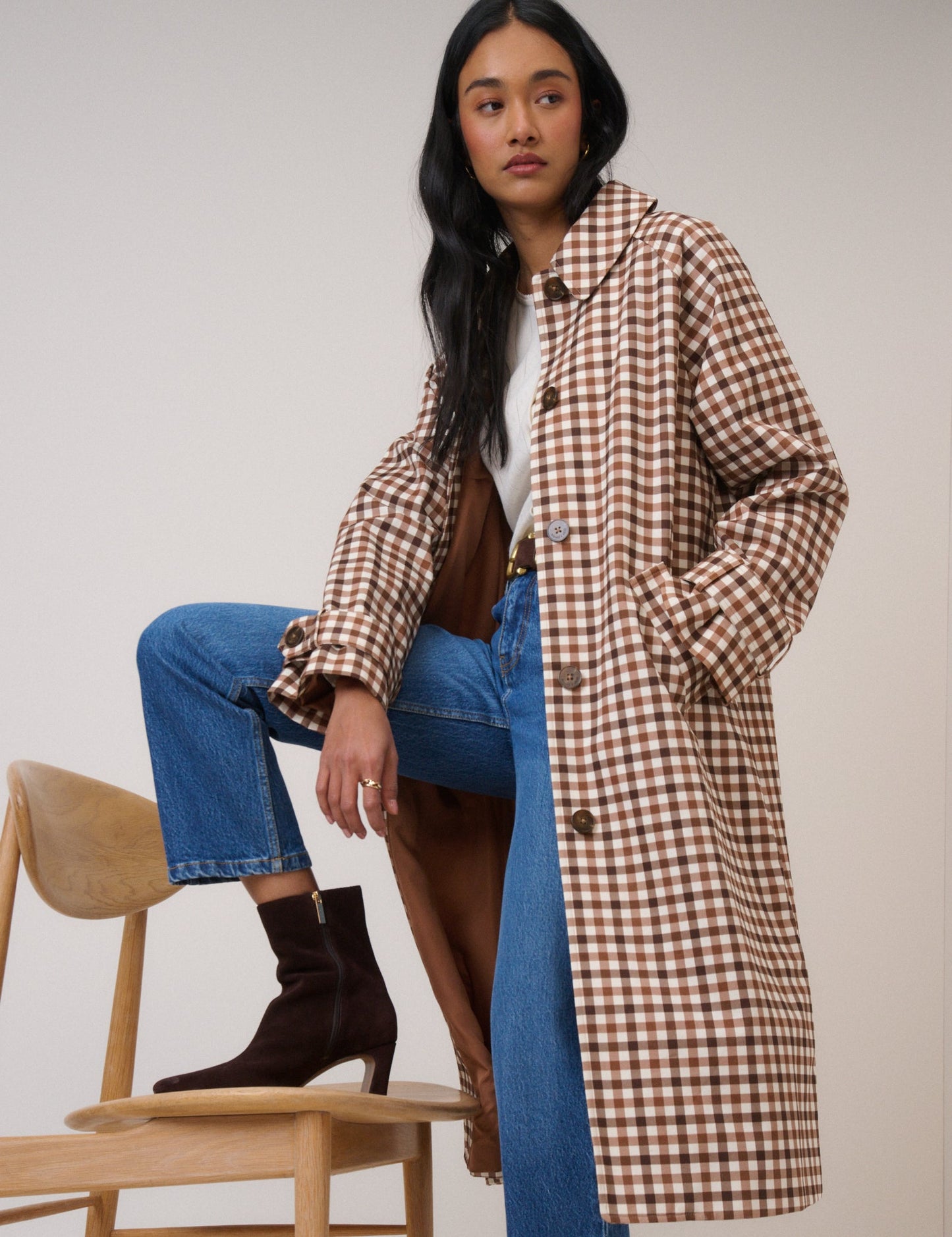 Brown Check Cropped Trench Coat