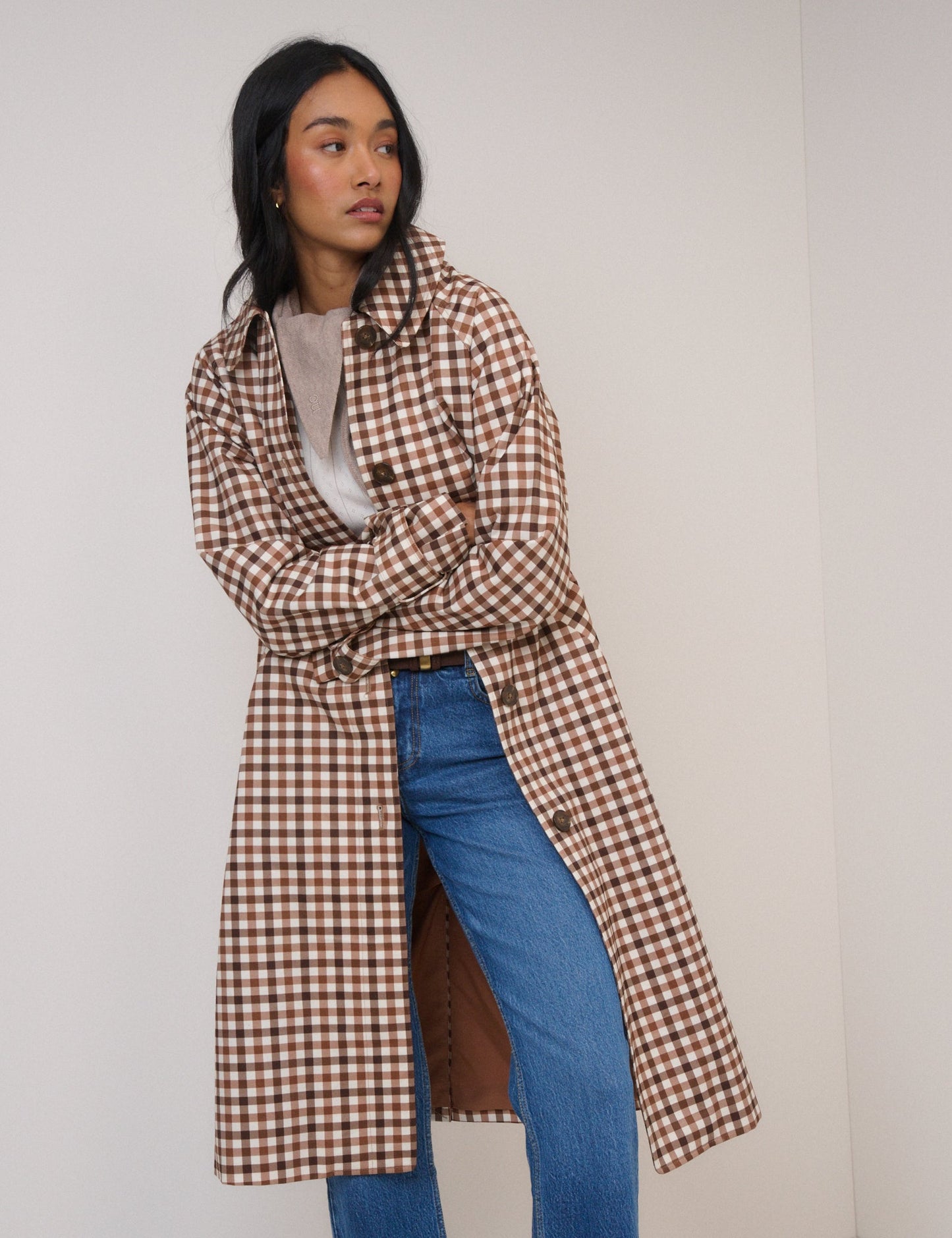Brown Check Cropped Trench Coat
