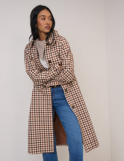 Brown Check Cropped Trench Coat