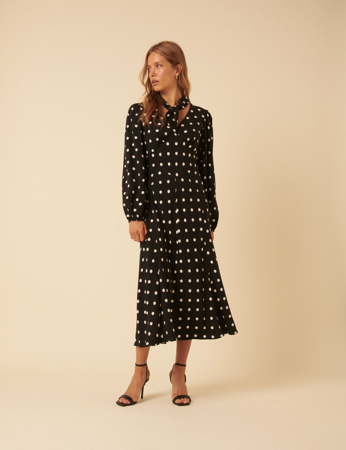 Black Polka Dot Neck Tie Sadie Midi Dress