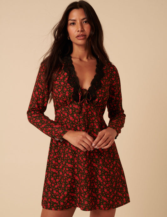 Black And Red Floral Lace Aida Mini Dress
