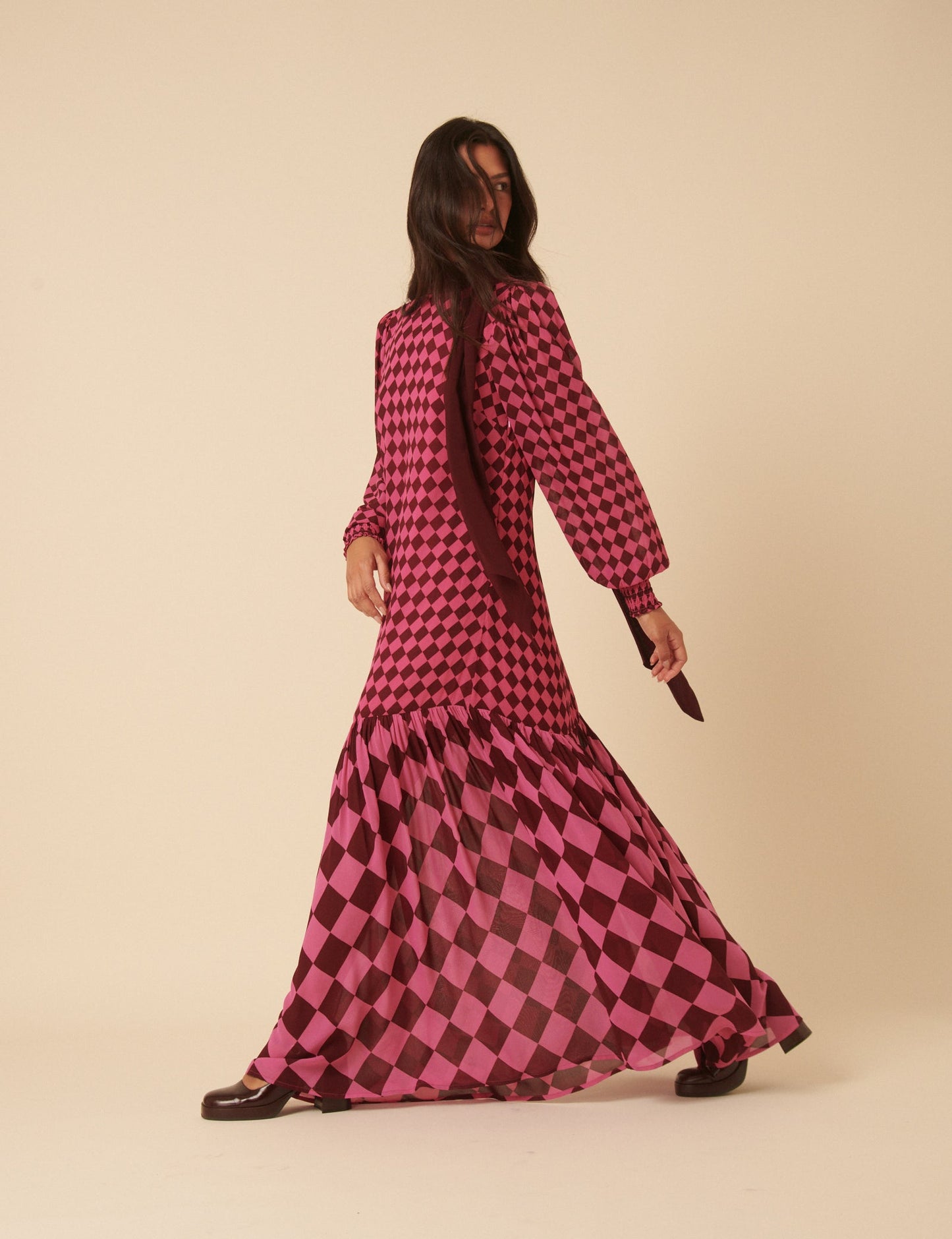 Burgundy and Pink Printed Scarf Tiered Maxi Dress