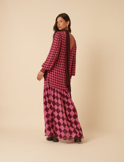 Burgundy and Pink Printed Scarf Tiered Maxi Dress