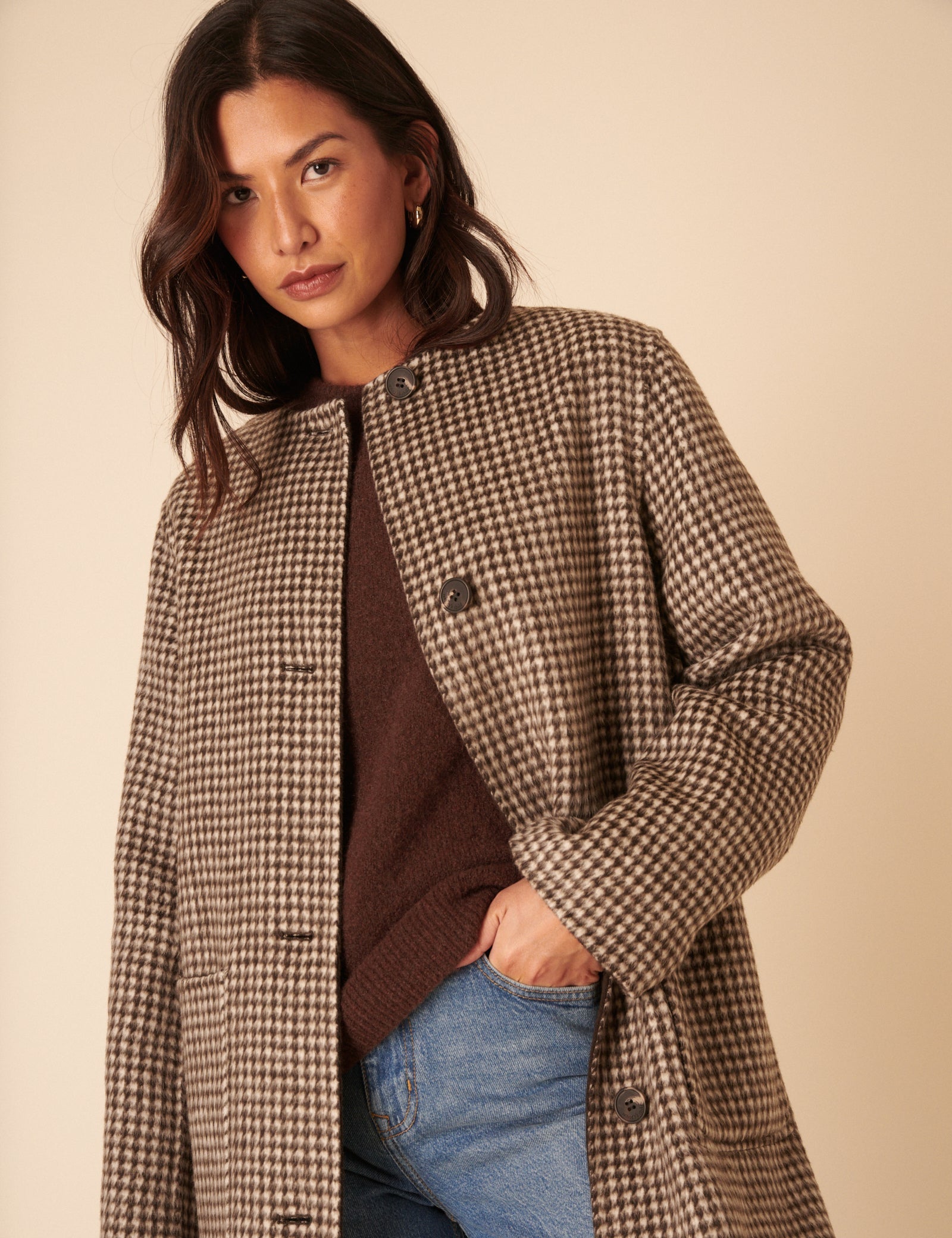 Brown Houndstooth Reversible Scarf Coat – Newin.Style