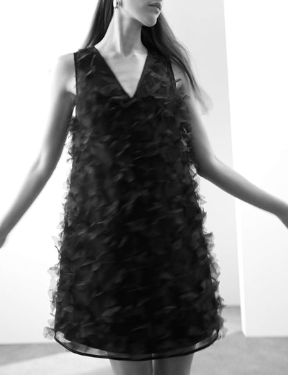 Organza Floral V-Neck Mini Shift Dress